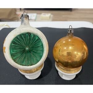 Vintage Poland Original Caps Glass Ornaments. One Deep Indented & One Small Gold